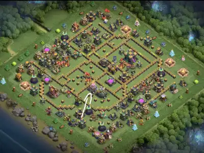 Layout TH14 War Base for CoC with Anti 3 Star Ring Pathing