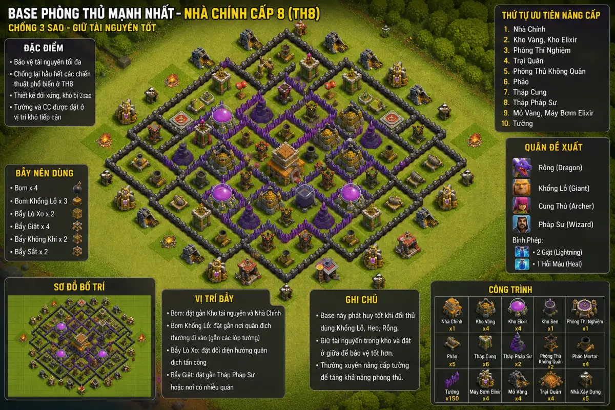 Diamond TH8 War CoC Base Layout with Anti 3 Star